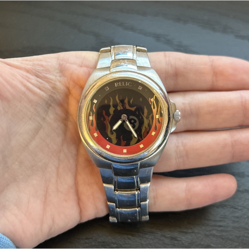 Super Rare Working Relic By Fossil Men's Wrist Watch Moving 8Ball Flame Dial